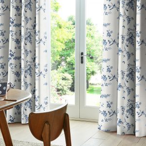 Birds and Roses Blue Curtain