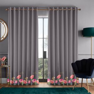 Peony Border Dark Grey Curtain