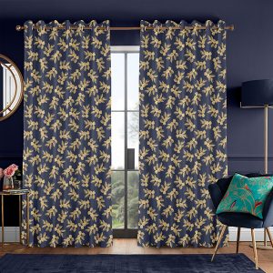 Etched Leaves Deep Navy Curtain